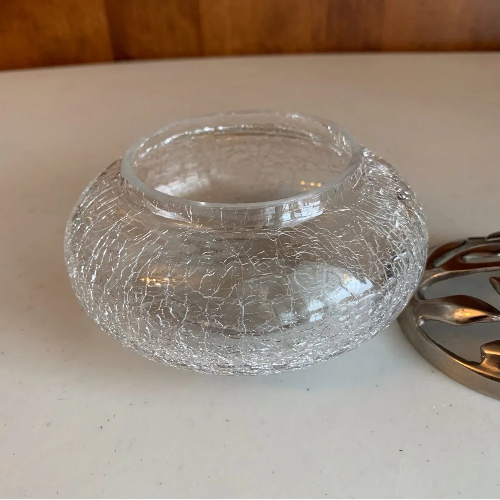 Vintage Pier 1 Clear Crackle Glass Bowl Vase With  Silver Tone Pewter Lid - Picture 5 of 8